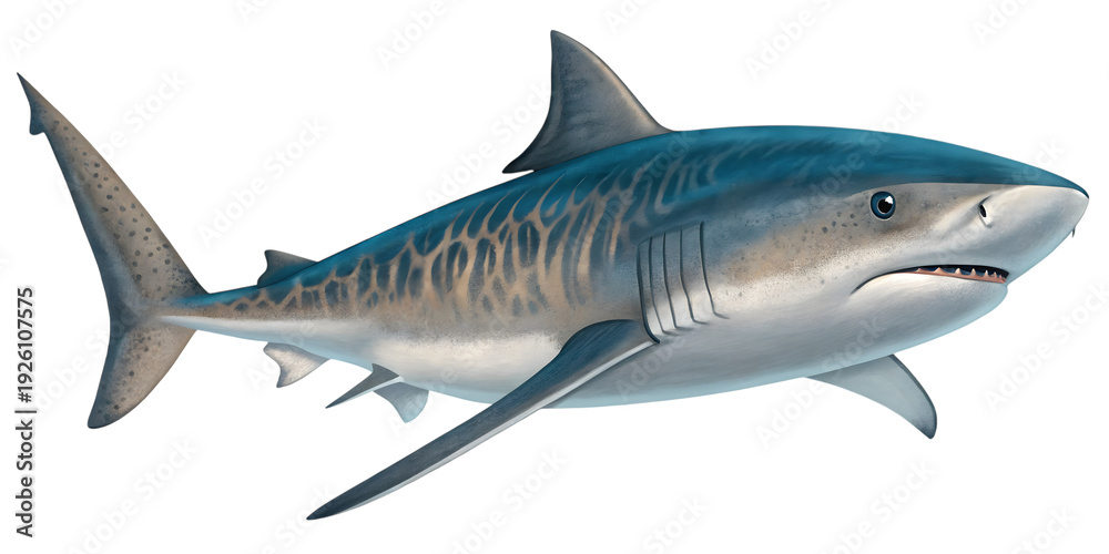 Obraz premium Detailed of a tiger shark swimming with visible gills and pectoral fins isolated on a transparent background