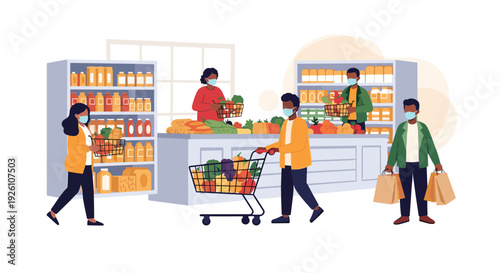 People wearing protective face masks shopping for groceries in supermarket aisle with full baskets and carts.