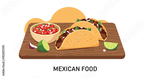 Delicious traditional Mexican food featuring beef tacos and bowl of fresh spicy salsa on wooden board.
