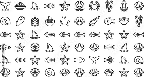 Black and White Marine Icon Set with Fish Bone, Starfish, Shark Fin, Seashell, Crab, Lobster and Nautical Ocean Symbols Collection
