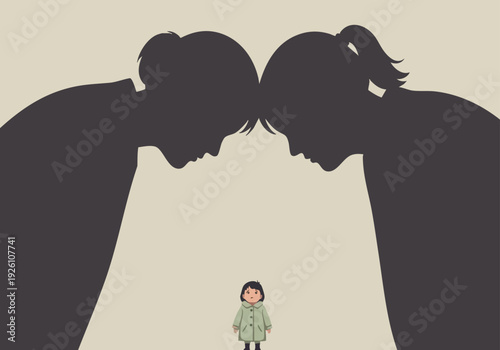 Child caught in parental conflict. Family dispute illustration. Minimalist silhouette vector. Emotional impact.