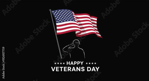 Happy Veterans Day tribute featuring a saluting soldier silhouette under the waving American national flag.