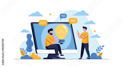 Creative team working on ideas with a large light bulb on a computer screen in a modern workspace.