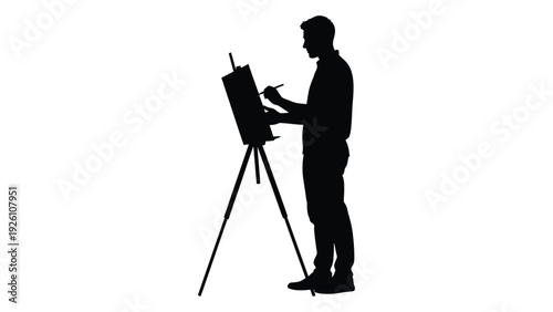 Silhouette of a man painting at an easel against a white background