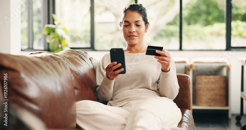 Obraz na plátně Happy woman, phone or relax with credit card on sofa for online shopping, banking or payment in home