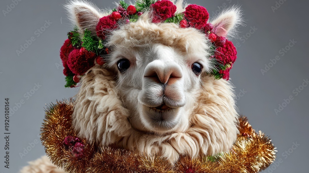Fototapeta premium Adorable Alpaca with Flower Crown and Tinsel Garland for Holiday Celebration, Captivating Expression and Festive Look perfect for Christmas and New Year Events