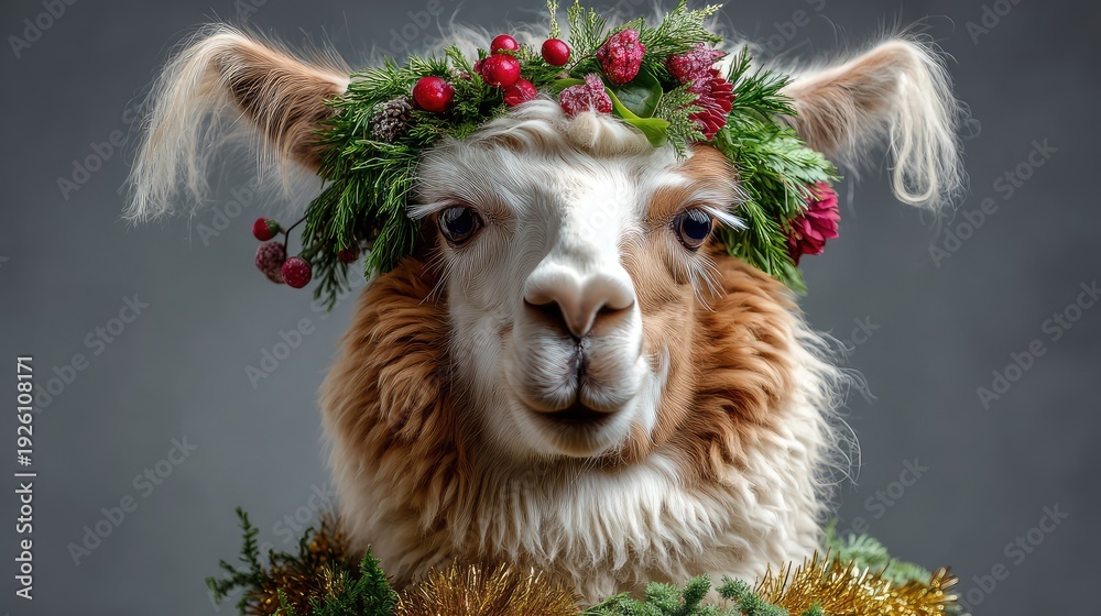 Naklejka premium Adorable Llama with Festive Greenery and Holiday Decorations, Perfect for Seasonal Celebrations or Fun Winter-Themed Projects in Photography or Art