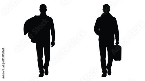 Silhouettes of two men walking each carrying a bag or briefcase