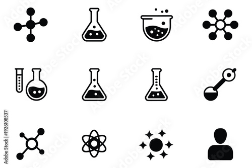 Science And Chemistry Icons, Editable Vector Illustrations of Molecular Structures, Atomic Symbols, Laboratory Tools, Lab Equipment