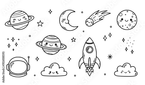 Whimsical Hand Drawn Space Doodle Collection Cute Universe Elements Vector