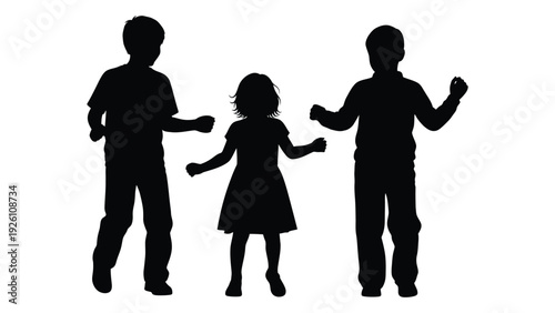 Silhouettes of three children two boys and a girl appear to be dancing or playing