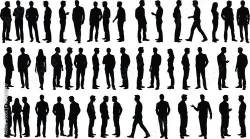Black silhouette illustration of multiple pairs of people standing and conversing in casual stances, symbolizing dialogue, communication, social interaction, attentiveness, and human connection for 