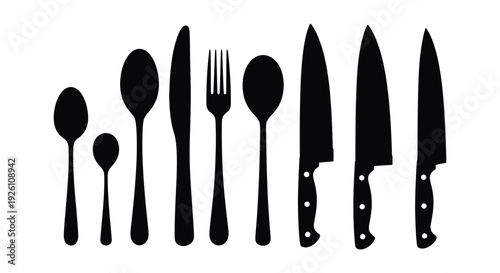 Collection of assorted cutlery and various sharp kitchen knives displayed in silhouette form