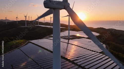Renewable Energy: Solar Panels and Wind Turbines at Sunset