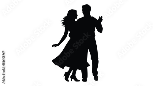 Silhouetted couple dancing a romantic scene with a woman in a flowing dress