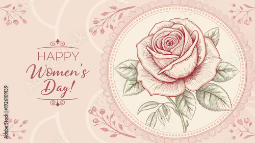 Elegant happy women's day card featuring pink rose on cream background with floral design elements