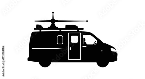 Black silhouette of a van with a satellite dish on the roof.
