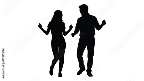 Silhouettes of a man and woman joyfully dancing with arms raised