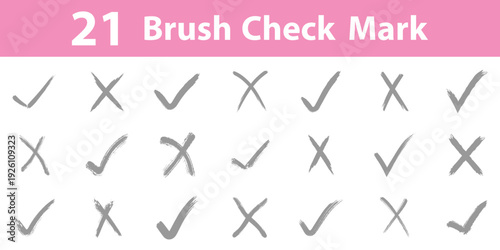 21 set of crayon grunge check mark elements. Brush, marker drawn check mark and cross icon set Collection of hand drawn doodle tick symbol, chalk checkmark illustration.