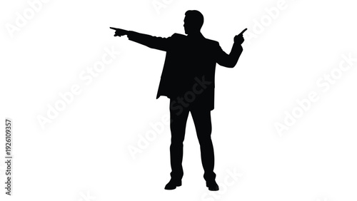 Silhouette of a man pointing with one hand and holding something in the other