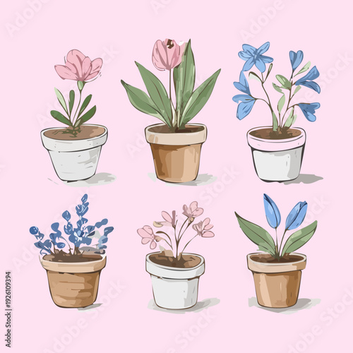 Purple lavender and spring flowers in vintage wooden pot set illustration plant for rustic farmhouse garden decoration