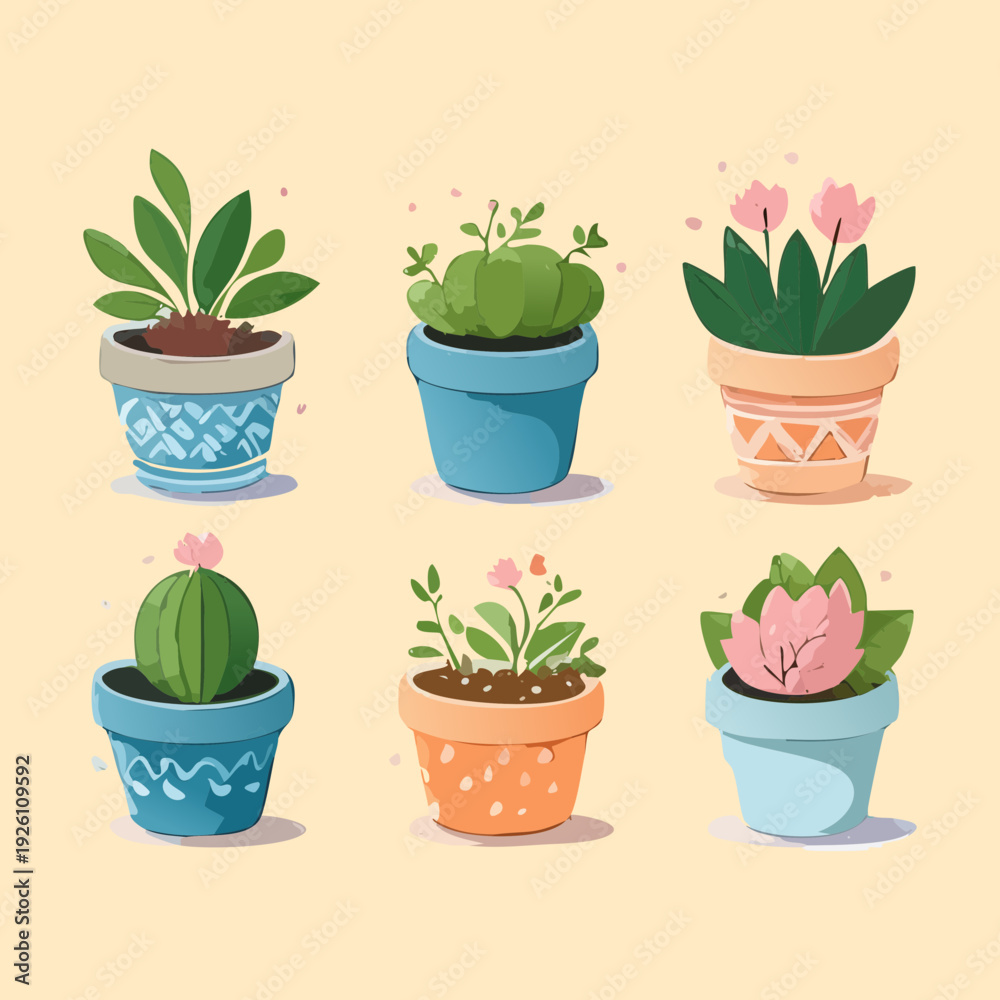 Obraz premium Assorted desert succulents and cactus in blue patterned pot set illustration plant for modern home office decor