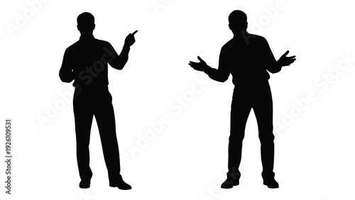 Two silhouetted men gesturing with hands one pointing and the other with open palms