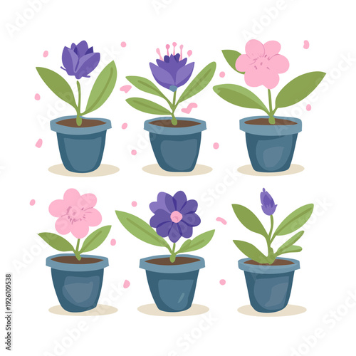 Purple petunia and violet spring flowers in blue pot set illustration plant for elegant home balcony garden
