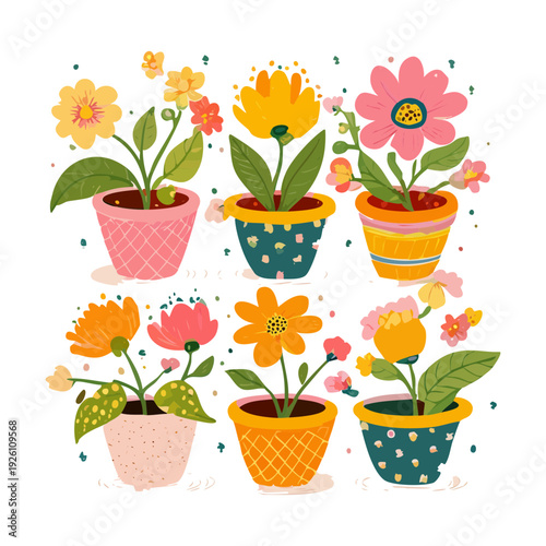 Vibrant orange and red summer flower bouquet pot set illustration plant for bright outdoor garden decoration themes