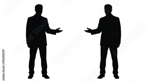 Two men in suits facing each other gesturing with open palms in silhouette