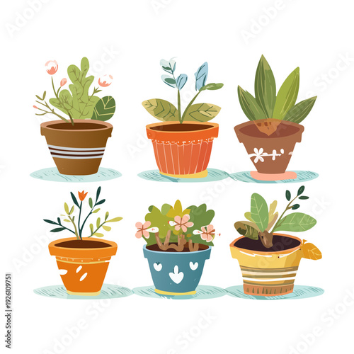 Small green leafy plants and succulents in wooden pot set illustration plant for rustic nature study theme
