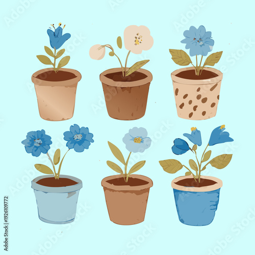 Blue cornflower and wild blue meadow plants in brown pot set illustration plant for peaceful garden landscape