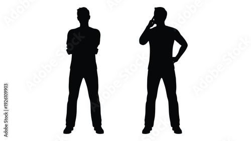 Silhouettes of two men one standing and one talking on a phone