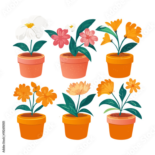 Purple pansy and violet spring flowers in purple pot set illustration plant for colorful garden border decoration