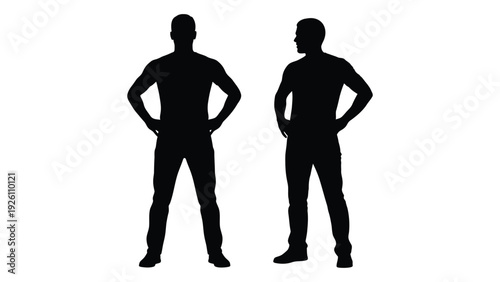 Two silhouetted men stand facing forward with hands on hips against a white background
