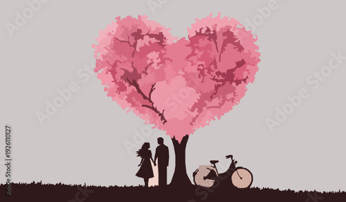 Romantic couple under heart shaped tree vector illustration
