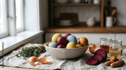 Ceramic bowl filled with naturally dyed Easter eggs in blue, yellow, purple, and orange on a linen tablecloth with onion skins, beet, and herbs