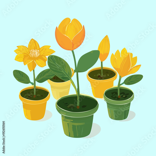 Tall yellow flowers and spring blossoms in yellow pot set illustration plant for bright sunny garden landscaping