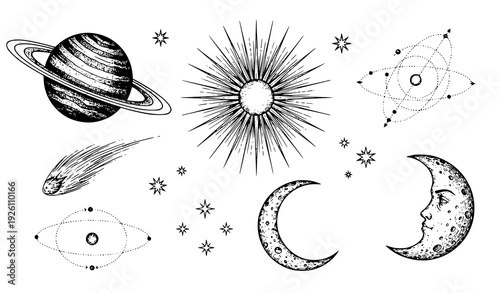 Vintage Hand Drawn Space Elements Engraving Style Universe Vector Collection