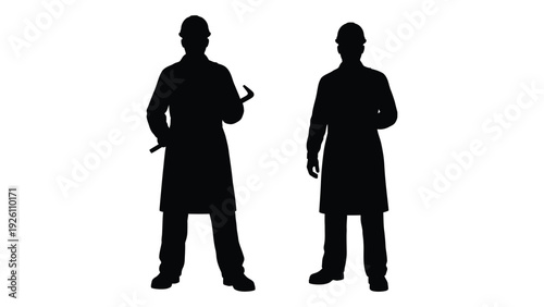 Silhouette of two construction workers standing against a white background