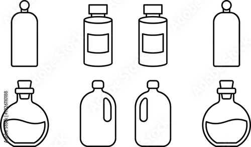 Bottle Container Outline Icon Set with Glass Flasks, Cosmetic Bottles and Liquid Packaging Symbols for Pharmacy and Beverage Design