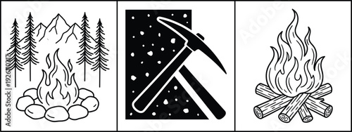 Camping and Outdoor Adventure Icon Set with Campfire, Mountain Landscape, Night Sky Pickaxe and Bonfire Wood Illustration