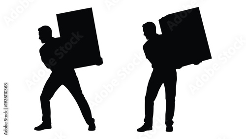 Two silhouetted figures carry large rectangular objects with a focused effort