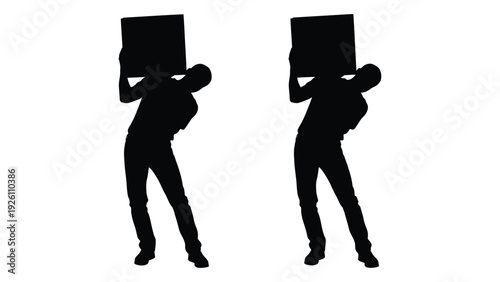 Two silhouettes of people carrying rectangular boxes on their heads