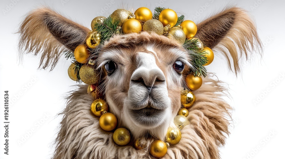 Fototapeta premium Llama Dressed in Festive Holiday Ornament Crown, Showcasing Cheerful Expression Against Soft Background with Vibrant Holiday Colors and Decorations