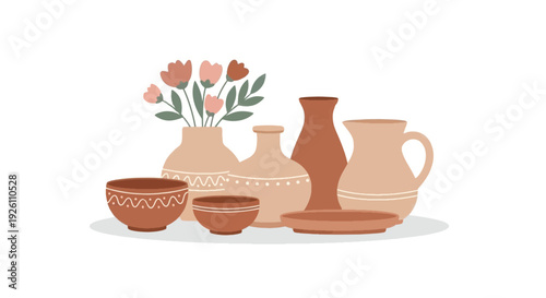 Handmade Clay Ceramic Collection with Modern Artisan Designs on White Background