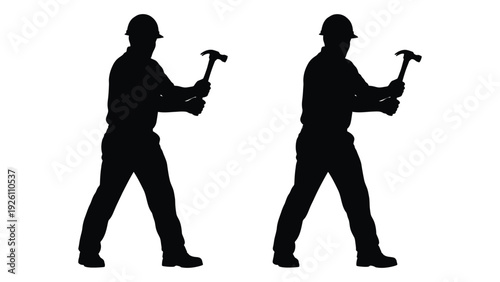 Silhouettes of two construction workers wielding hammers against a white background