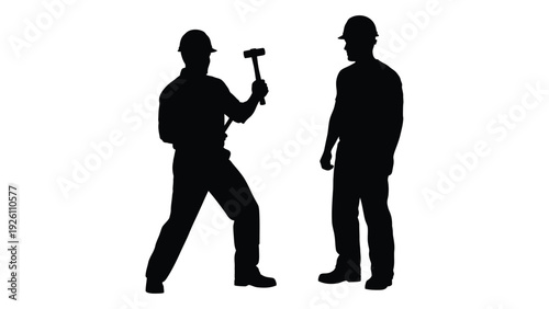 Silhouette of two construction workers one holding a hammer against a white background