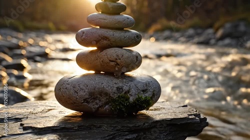 Zen Stone Cairn by River at Sunset - Nature Balance