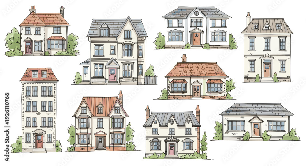 Fototapeta premium Collection of detailed watercolor illustrations of various houses